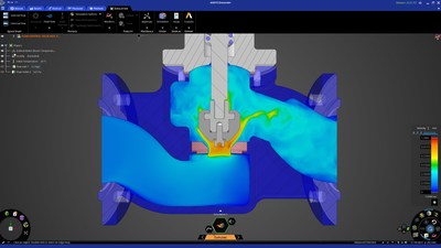 Ansys Discovery executes interactive design exploration with real-time simulation of fluid flow behavior within a flow control valve