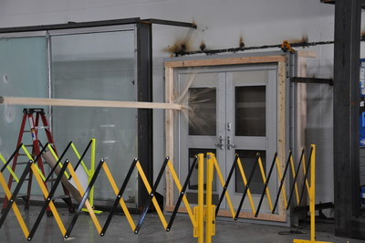 New Insulgard Security Products™ STORMDEFEND™ TTH350 Door system undergoing Debris Impact testing.