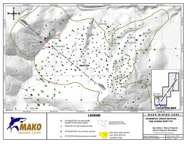 Drill Hole Plan San Albino West Pit - 1 2500 - July 11 2020 (CNW Group/Mako Mining Corp.)