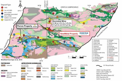 Figure 1: Regional Geology of the Abitibi Greenstone Belt and localisation of Starr Peak's NewMétal Property. (CNW Group/Starr Peak Exploration Ltd.)