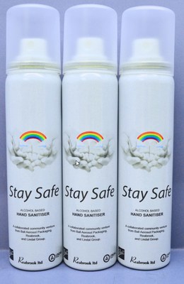 Ball Corporation collaborates with renowned manufacturers Reabrook Ltd and the Lindal Group to design, produce and fill 25,000 cans of Rainbow hand sanitiser for local communities.