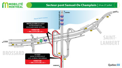 A10 est à la fin du pont Samuel-De Champlain (sortie 6), fin de semaine du 24 juillet (Groupe CNW/Ministère des Transports)
