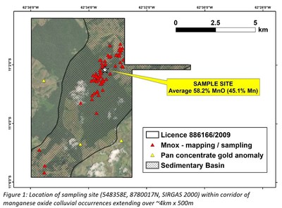 Figure 1: Location of sampling site (548358E, 8780017N, SIRGAS 2000) within corridor of manganese oxide colluvial ocurrences extending over ~4km x 500m (CNW Group/Meridian Mining S.E.)