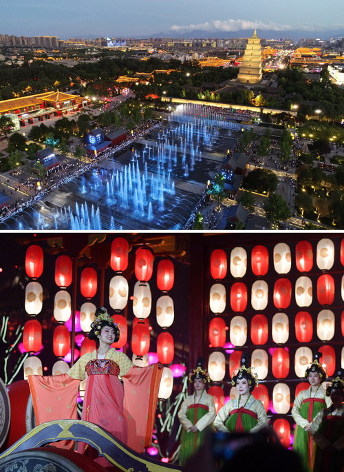 Scenic Area of the Xi'an Dayan Pagoda & Actresses performing in the pedestrian street of the Grand Tang Mall in Xi'an