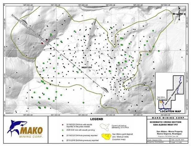 DRILL HOLE PLAN SAN ALBINO WEST PIT - 1 2500 - JULY 26 2020 (CNW Group/Mako Mining Corp.)