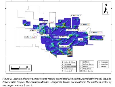 Figure 1: Location of select prospects and metals associated with HeliTEM conductivity grid, Espigão Polymetallic Project. The Eduardo Mendes - Califórnia Trends are located in the northern sector of the project - Areas 3 and 4. (CNW Group/Meridian Mining S.E.)