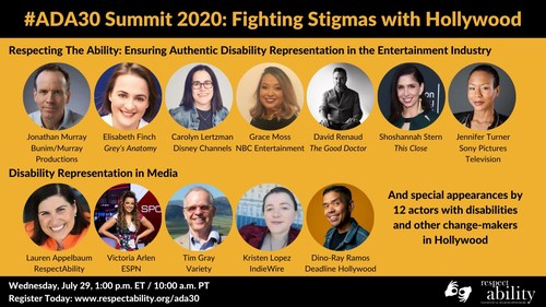 #ADA30 Summit 2020: Fighting Stigmas with Hollywood Headshots of 12 speakers grouped by panel - Respecting The Ability: Ensuring Authentic Disability Representation in the Entertainment Industry & Disability Representation in Media; special appearances by 12 actors with disabilities and other change-makers in Hollywood; Date. Time, Registration link, ASL interpretation symbol, RespectAbility logo