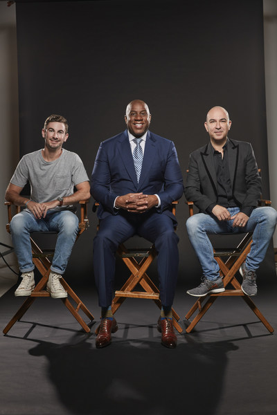 (L to R) Uncle Bud's Co-Founder, Garrett Greller; Earvin "Magic" Johnson; Uncle Bud's Co-Founder, Bruno Schiavi