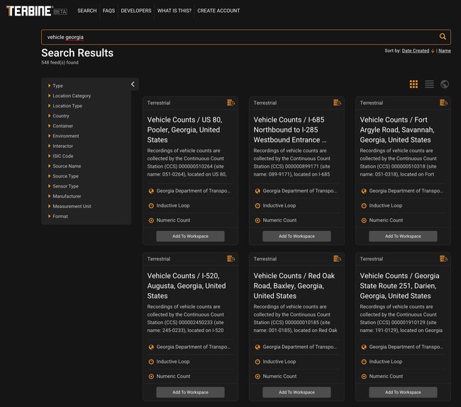 Terbine.io Web Interface to IoT Data Index