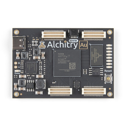 The Alchitry Au features a Xilinx Artix 7 XC7A35T-1C FPGA with over 33,000 logic cells and 256MB of DDR3 RAM. The Au offers 102 3.3V logic level IO pins, 20 of which can be switched to 1.8V; Nine differential analog inputs; Eight general purpose LEDs; a 100MHz on-board clock that can be manipulated internally by the FPGA; a USB-C connector to configure and power the board; and a USB to serial interface for data transfer. For easy I2C integration, the Au also features a Qwiic connector.