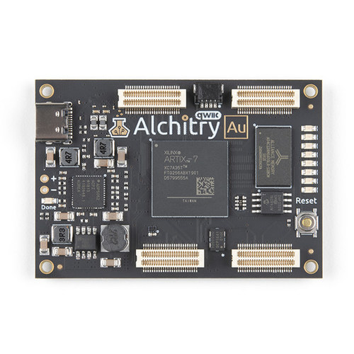 The Alchitry Au features a Xilinx Artix 7 XC7A35T-1C FPGA with over 33,000 logic cells and 256MB of DDR3 RAM. The Au offers 102 3.3V logic level IO pins, 20 of which can be switched to 1.8V; Nine differential analog inputs; Eight general purpose LEDs; a 100MHz on-board clock that can be manipulated internally by the FPGA; a USB-C connector to configure and power the board; and a USB to serial interface for data transfer. For easy I2C integration, the Au also features a Qwiic connector.