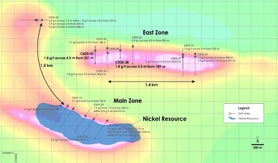 Figure 3 – Plan view of PGM Zone - Recent drilling overlain on total field magnetic intensity, Crawford Nickel-Cobalt Sulphide Project, Ontario. (CNW Group/Canada Nickel Company Inc.)