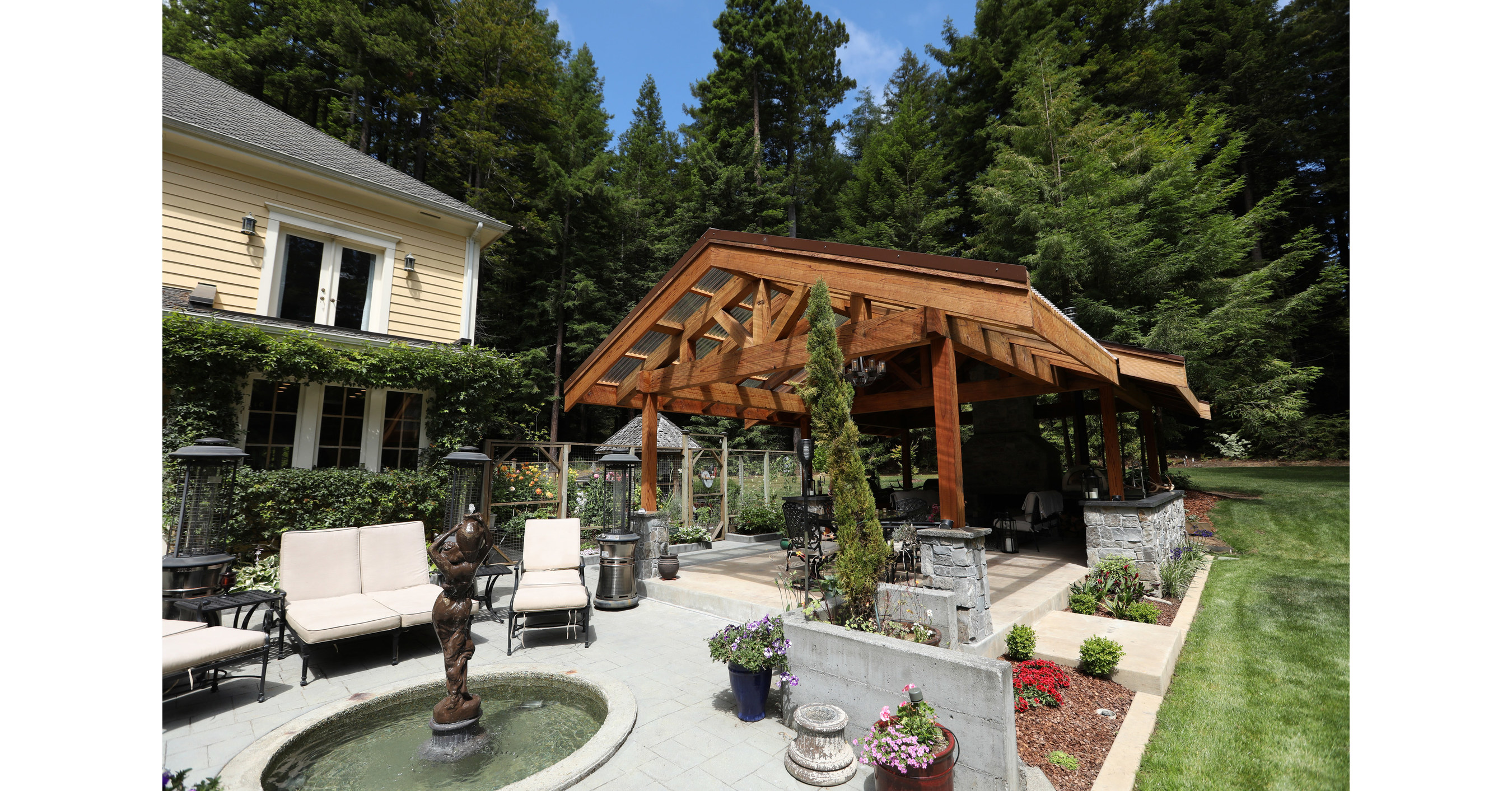 Redwood Timber Pergola Highlights Custom Outdoor Kitchen