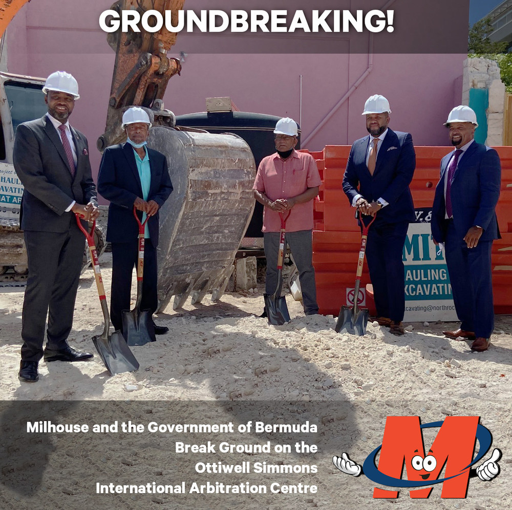 Milhouse Engineering & Construction is a dynamic, interdisciplinary team of over 250 talented professionals licensed in multiple states — solving problems to improve communities everywhere! The Government of Bermuda and Milhouse broke ground yesterday on what will be a new international arbitration center developed as part of a public-private partnership. During this proud moment, Wilbur C. Milhouse III, P.E., Chairman/CEO, noted Milhouse is one of the largest African-American firms in the US and that it looked forward to investing in the Bermuda community.