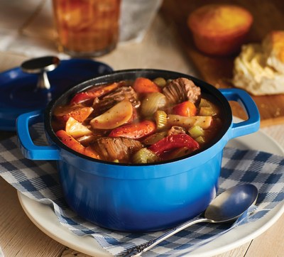 Sunday Pot Roast Supper spotlights an oven-braised beef roast with red potatoes, carrots, onions, celery and tomatoes in a savory beef broth – plus a choice of buttermilk biscuits or corn muffins.