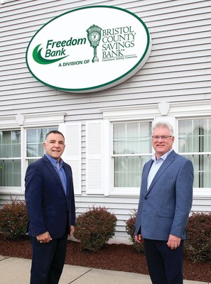 Patrick Murray (right), President and CEO of Bristol County Savings Bank, celebrates the completion of the acquisition of Freedom National Bank with Anthony Botelho, Senior Vice President/Director of Market Development for Bristol County Savings Bank and former President and CEO of Freedom National Bank.