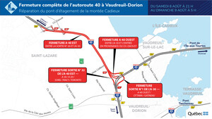 Autoroute 40 à la hauteur de la montée Cadieux, à Vaudreuil-Dorion - Fermeture complète de l'autoroute 40 dans les deux directions durant la nuit du samedi 8 août