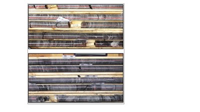 Figure 4: Newly defined high-grade gold domains within the LP Fault.
Top: Upper Vein Zone.  Bottom: High Strain Zone.  Note the numerous deformed and transposed gold-bearing veins in the top image, and the relative lack of veining in the bottom image.  Both intervals contain sheet-like, planar high-grade gold concentrations that have been successfully targeted within and between multiple drill sections. (CNW Group/Great Bear Resources Ltd.)