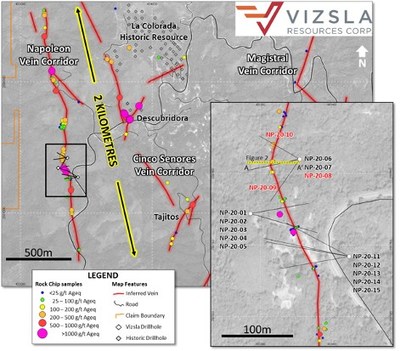 Figure 1: Plan map showing location of drillholes, mapped veins and surface and underground sampling along the Napoleon vein.  Inset shows detail of drill collar locations (Results in this release have red labels). (CNW Group/Vizsla Resources Corp.)