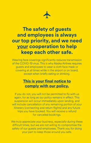Alaska Airlines strengthens face covering policy: No mask, no travel, no  exceptions