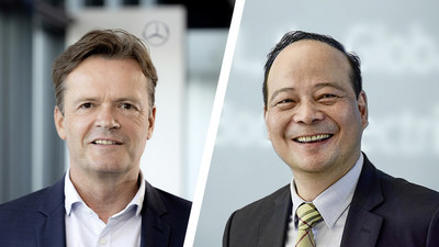 Izquierda: Markus Schäfer, miembro del consejo de administración de Daimler AG y Mercedes-Benz AG; derecha: Dr. Robin Zeng, fundador, presidente de la junta directiva y CEO de CATL