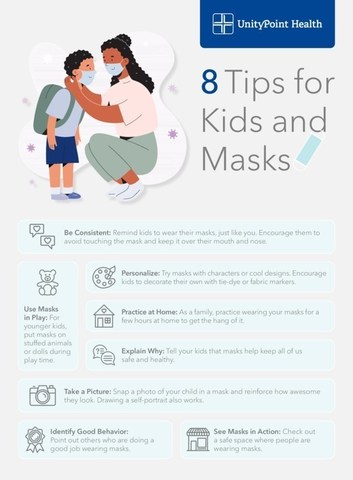 Whether it's face masks at school or other activities, it’s best to practice now. UnityPoint Health has 8 ways to help kids adjust to wearing face masks.