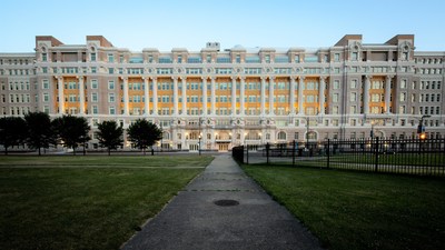The exterior of the old Cook County Hospital building features a fully restored facade that required more than 4,000 individual pieces of terra cotta to be repaired or duplicated.