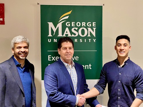 George Mason Professor of Marketing Gautham Vadakkepatt (Left), Able Chief Operating Officer Steve Kuhn (Middle), and GMU Business School student and scholarship recipient Tyler Tep (Right) gather at GMU Business School to celebrate the scholarship award. Able Moving & Storage has announced a third academic scholarship that will be posted when classes begin this Fall.