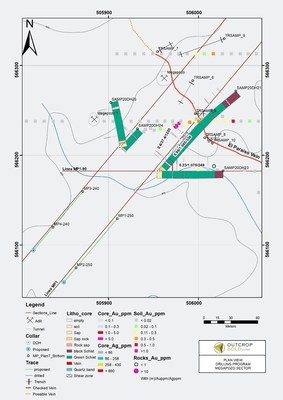 Figure 2: Plan map of Megapozo drilling – current holes are testing below depth of 108 metre shaft. (CNW Group/Outcrop Gold Corp.)