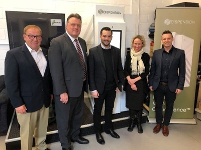 The Honourable Darrell Dexter, Dispension advisory board member; Mike Savage, Halifax Mayor; Corey Yantha, President /CEO Dispension; Wendy Luther, President /CEO Halifax Partnership and Matthew Michaelis, Chief Operating Officer, Dispension, at Dispension in Dartmouth, NS in March 2020. (CNW Group/Dispension Industries Inc.)
