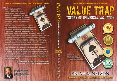 Image shown: The back/spine/cover of the second edition of the 2019 Best Indie Book Award Winner for the category of Business, Value Trap: Theory of Universal Valuation. BlueInk Review notes the book 