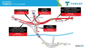 Projet Turcot - Fermetures majeures dans le corridor de l'autoroute 20 / route 136 (A-720)  du 21 au 24 août 2020