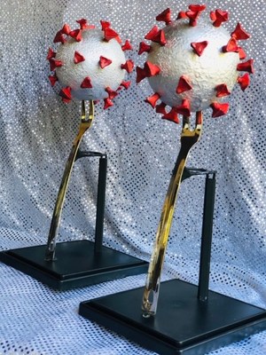 Texas Restaurant Awards: COVID-19. A unique trophy to display that includes a model of the virus being pierced by a two-pronged kitchen fork.