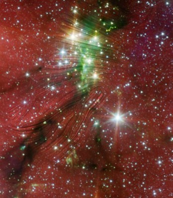 Composite image of the Serpens South star cluster. Magnetic fields observed by SOFIA are shown as streamlines over an image from the Spitzer Space Telescope. SOFIA’s data indicate that gravity can overcome some of the strong magnetic fields to deliver material needed for new stars. In the lower left, the magnetic fields have been dragged into alignment with the narrow, dark filament. This is helping material flow from interstellar space into the cloud and fueling star formation. However, in the upper parts of the image the magnetic fields are perpendicular to the filaments as they oppose gravity. More research is needed to understand the relationships among the complex forces responsible for star formation. Credit: NASA/SOFIA/T. Pillai/J. Kauffman/L. Proudfit; NASA/JPL-Caltech/L. Allen