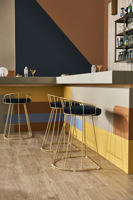 Maple Glaze, Jean Jacket Blue and Saffron Strands from the BEHR Color Trends 2021 Palette, featured in a commercial space.