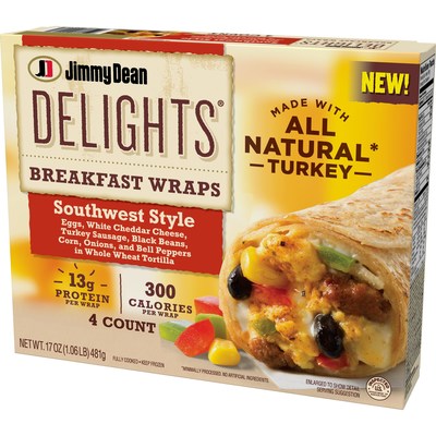 Available nationwide this fall, Jimmy Dean Delights Breakfast Wraps Southwest Style feature eggs, white cheddar cheese, turkey sausage, black beans, corn, onions, and bell peppers in a whole wheat tortilla.