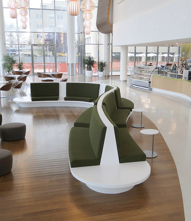 These thermoformed Corian® solid surface benches designed by ZGF Architects were fabricated by Rick Wing for Randall Children's Hospital at Legacy Emanuel in Portland, Ore. They illustrate that using hygienic material doesn't mean sacrificing design capability.