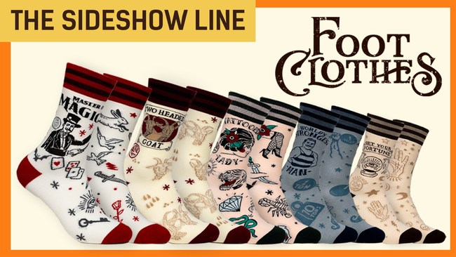 Completed Line of Sideshow Sock Designs for the FootClothes Kickstarter Launch: Magician, Two Headed Goat, Tattooed Lady, Strong Man, and Fortune Teller