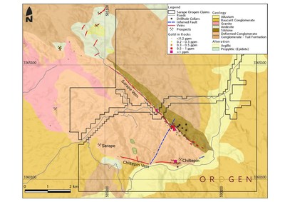Figure 1 – Geologic map of the Sarape project showing the extent of the Sarape and Chiltepin veins, surface gold values in rock-chip samples and location of previous drilling. (CNW Group/Orogen Royalties Inc.)