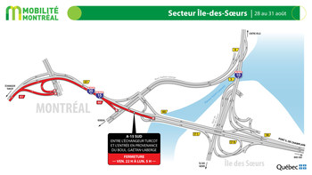 A15 sud, secteur Île des Sœurs, fin de semaine du 28 août (Groupe CNW/Ministère des Transports)