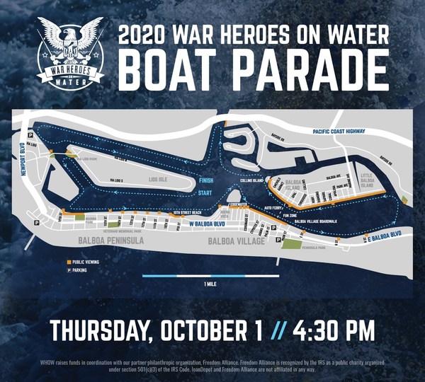 The War Heroes on Water 2020 Reunion Boat Parade will take place in Newport Harbor on Thurs., Oct. 1st beginning at 4:30pm PT. The public is welcome to participate either on boat or by viewing from land. Details can be found at: www.warheroesonwater.com. The War Heroes on Water 2020 Reunion Boat Parade will take place in Newport Harbor on Thurs., Oct. 1st beginning at 4:30pm PT. The public is welcome to participate either on boat or by viewing from land. Details can be found at: www.warheroesonwater.com.