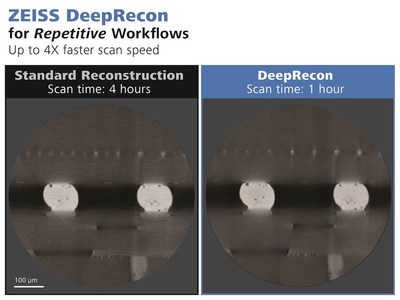 ZEISS DeepRecon uses custom-trained neural networks to enable higher throughput and success rates for FA and structural analysis applications involving repetitive workflows. It enables scans up to four times faster with similar or better image quality for designated sample classes compared to FDK, as well as superior image quality with low noise when using the same scan time. Shown here, standard FDK vs DeepRecon image reconstruction for a 2.5D package.