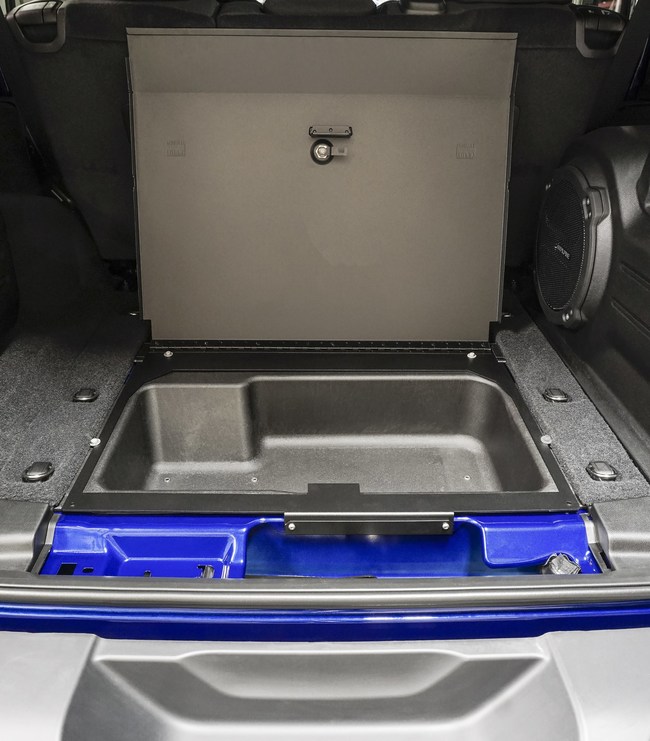 Tuffy Security Products' Locking Lid Cubby Cover in Open Position for 2018-2021 Jeep Wrangler JL and JLU Models Offers Concealed and Theft-Resistant Lockable Storage