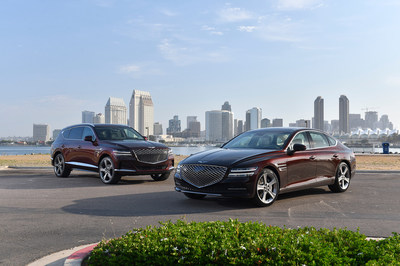 The all-new 2021 Genesis GV80 mid-luxury SUV (left) and all-new 2021 Genesis G80 mid-luxury sedan (right).