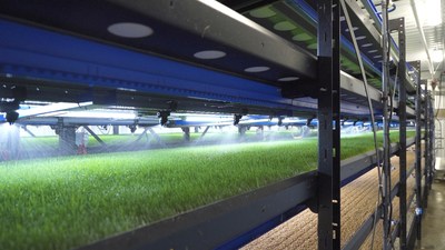 The fully automated HydroGreen six-section machine growing feed from seed in six days. (CNW Group/CubicFarm Systems Corp.)