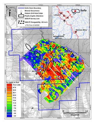 Figure 1: The Sofia Property with gold in soil heat map and location of 2020 IP survey lines (CNW Group/Colorado Resources Ltd.)