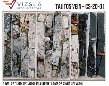Drill core through vein in hole CS-20-01 at the Tajitos Vein (CNW Group/Vizsla Resources Corp.)