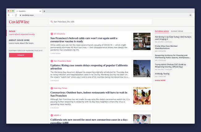 The Covid Wire news feed, showing results for San Francisco, Calif.