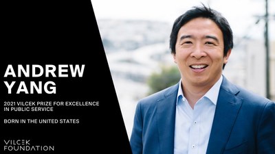 Andrew Yang receives the Vilcek Prize for Excellence in Public Service in recognition of his leadership in advancing ideas addressing issues ranging from wealth inequality to autism and American families.