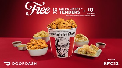 KFC announces new DoorDash partnership by offering a limited-time deal of 12 free tenders with the purchase of select bucket meals and $0 delivery.